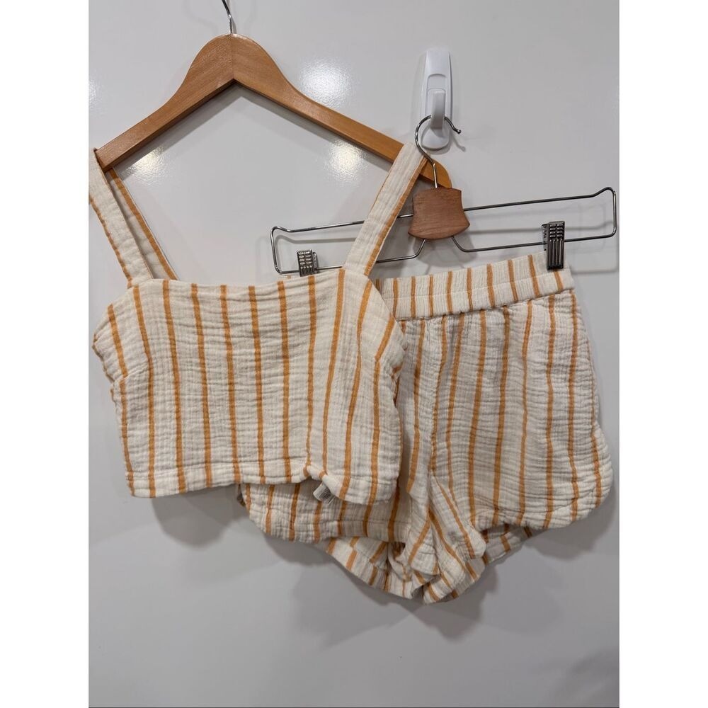 Rip Curl Orange Cream Striped Cotton Gauze Crop Top and Shorts Set Small
